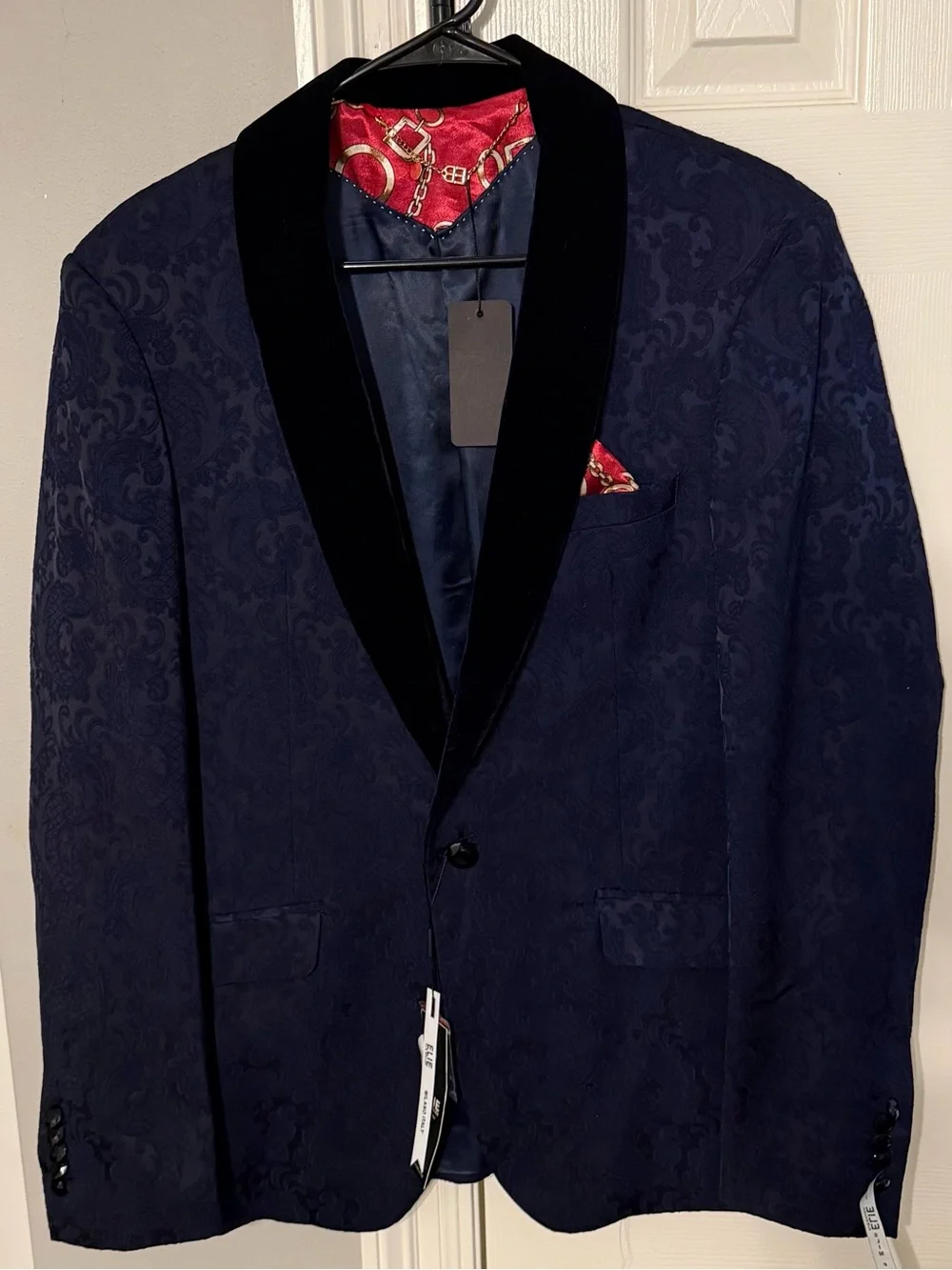 Elie Balleh Men's Navy Jacquard Blazer with Black Velvet Trim Sz M 38-40 NWT